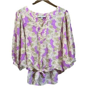 Rose and Olive Floral Chiffon Puff Sleeve Blouse Top Size Large Colorful Artsy